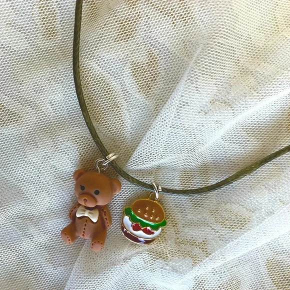 Hot Fashion Women/Girls Teddy Bear & Burger Charms Pendant & Waxed Cord Necklace - Picture 5 of 7